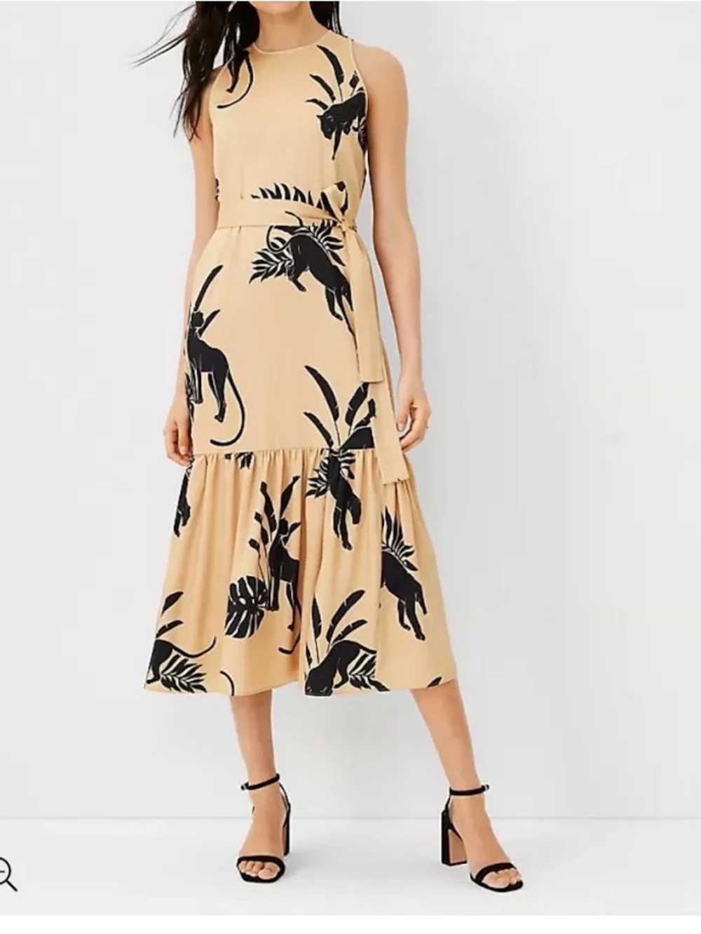 NWOT Ann Taylor Beige Midi Dress with Black panther Print XS
